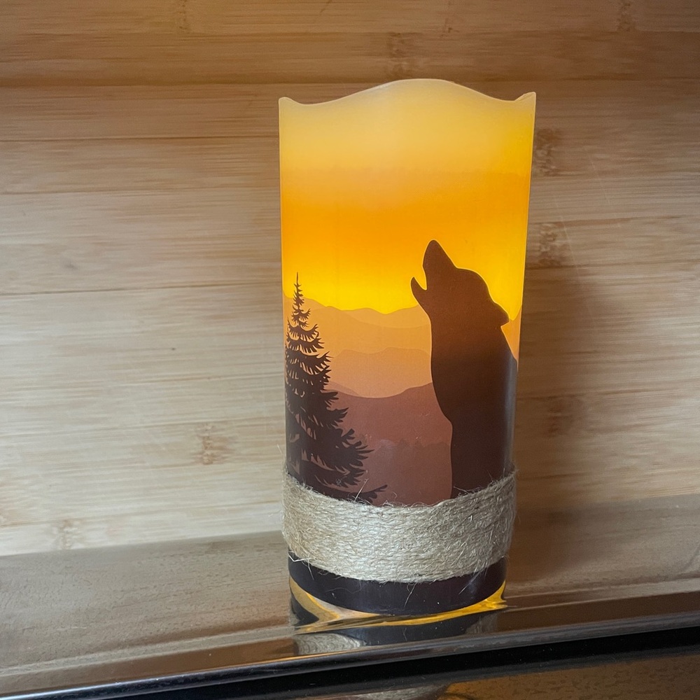 Wolf Silhouette LED Candle
Made of real wax~~~ flameless. 3 AAA .
Size 3x6” - Picture 2 of 7